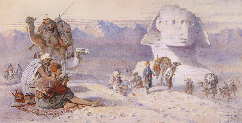 Landscape Oil Painting - Egyptian Sphinx Caravan & Arab Figures, Desert