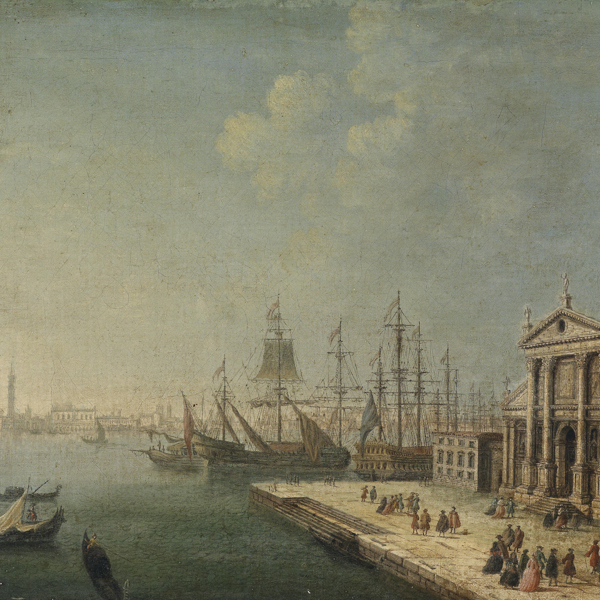 Landscape Oil Painting - Venice Harbor Cityscape & Ornate Church Ships