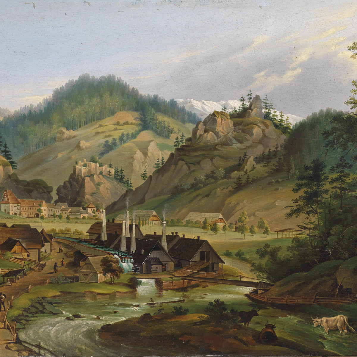 Landscape Oil Painting - Alpine Valley Town & Castle, Snowy Mountain Peaks