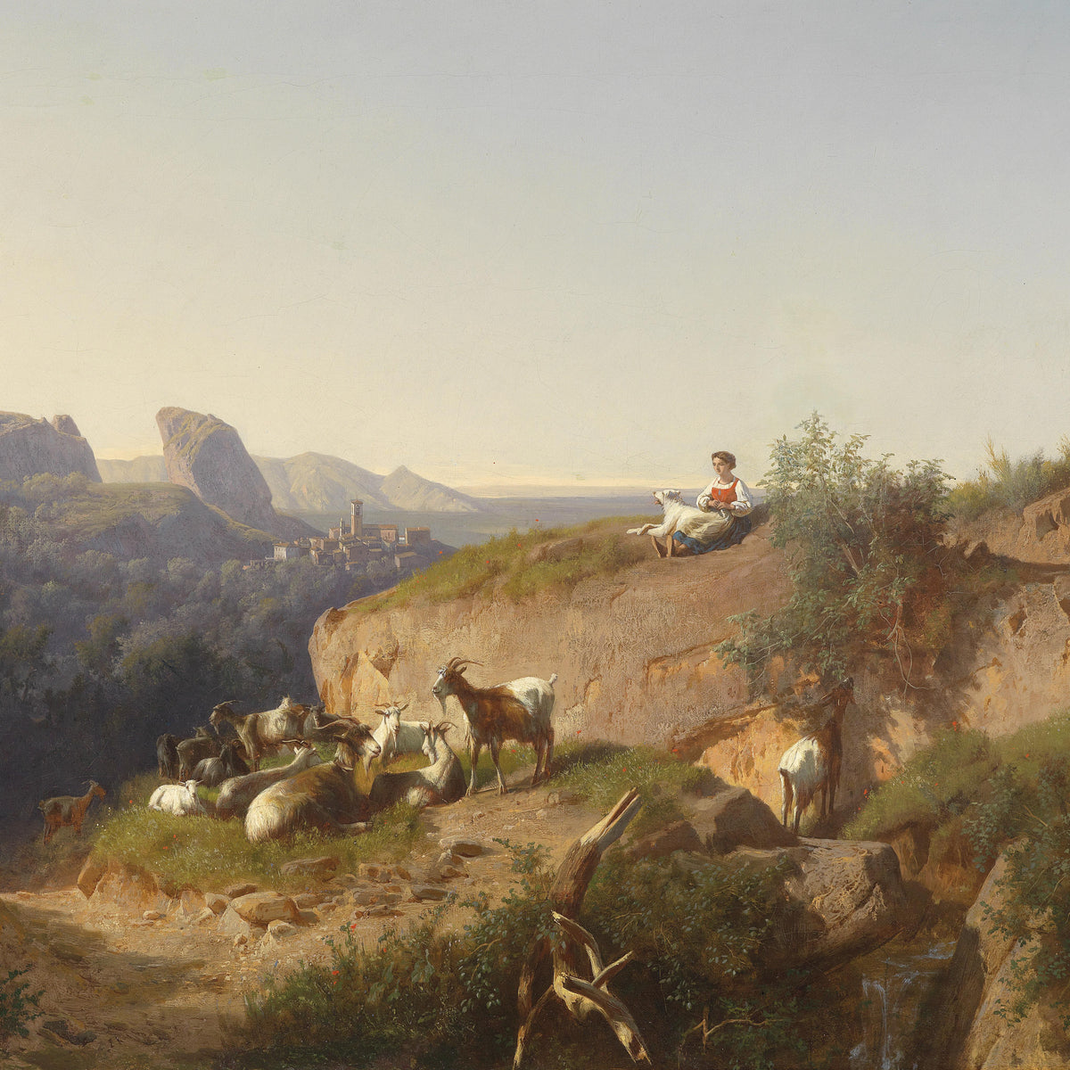 Landscape Oil Painting - Mountain Pastoral & Shepherdess, Goats, Town