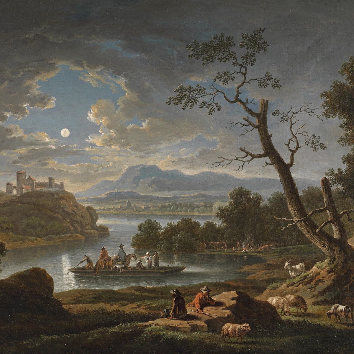 Landscape Oil Painting - Moonlit River & Boat, Castle, Rural Livestock