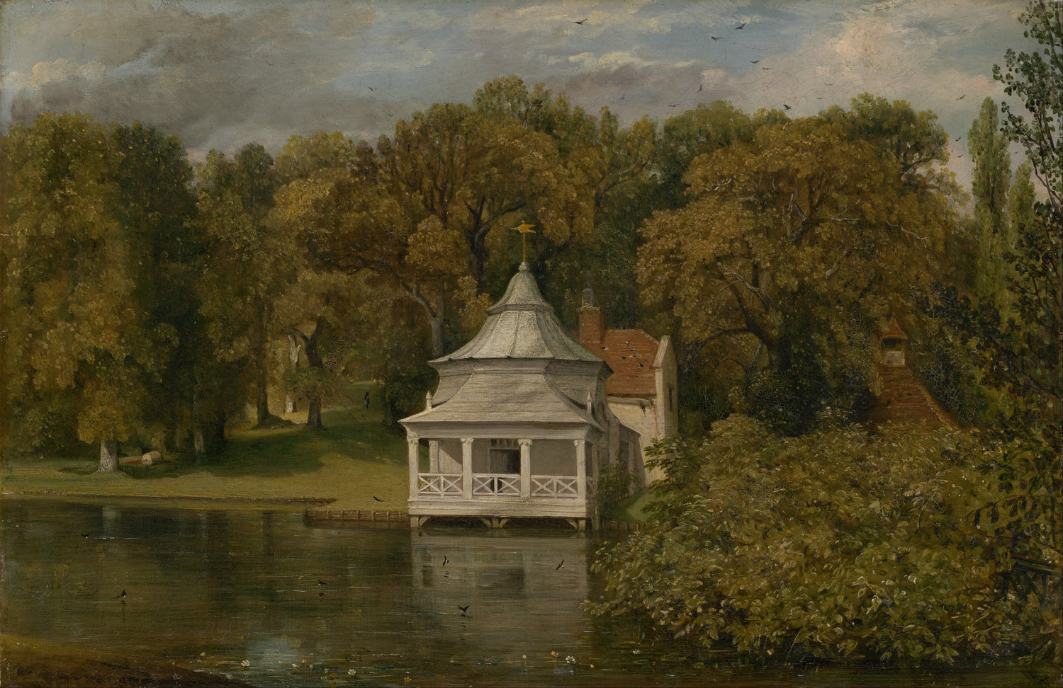 Landscape Oil Painting - Lakeside Gazebo Autumn Garden & Wooded Park