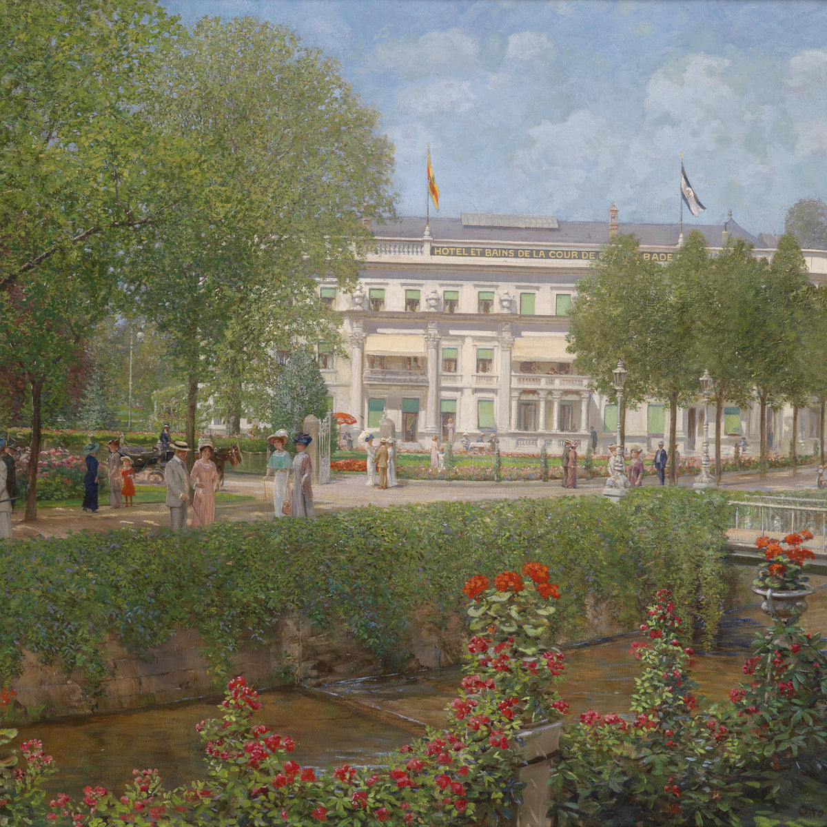 Landscape Oil Painting - Hotel Bains Baden Garden & Vintage Crowds