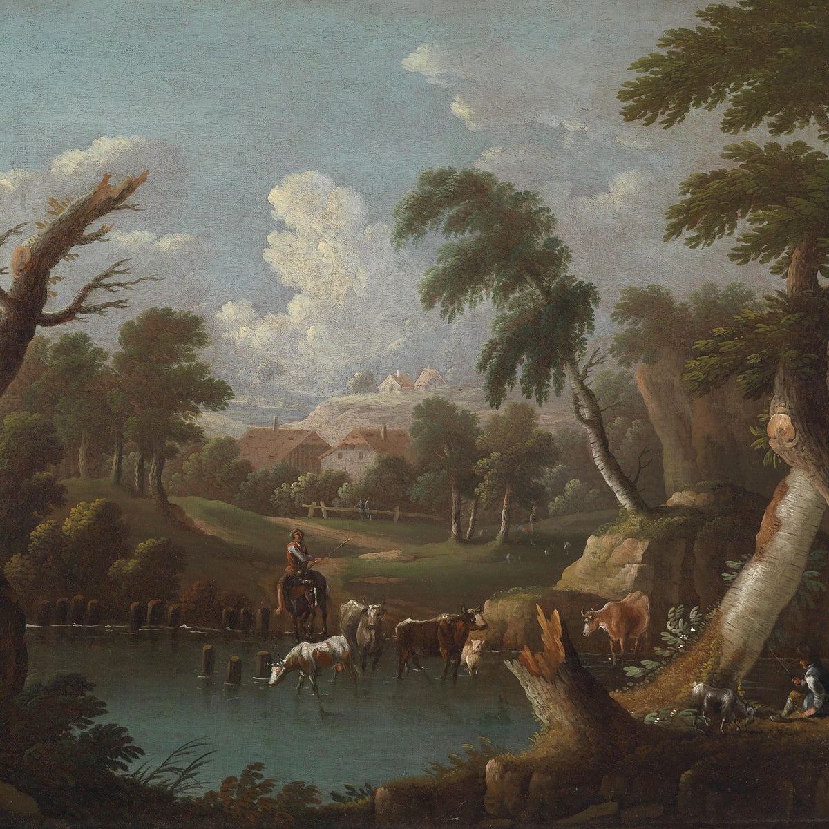 Landscape Oil Painting - Rural River & Herdsman, Cattle, Fishing Figure