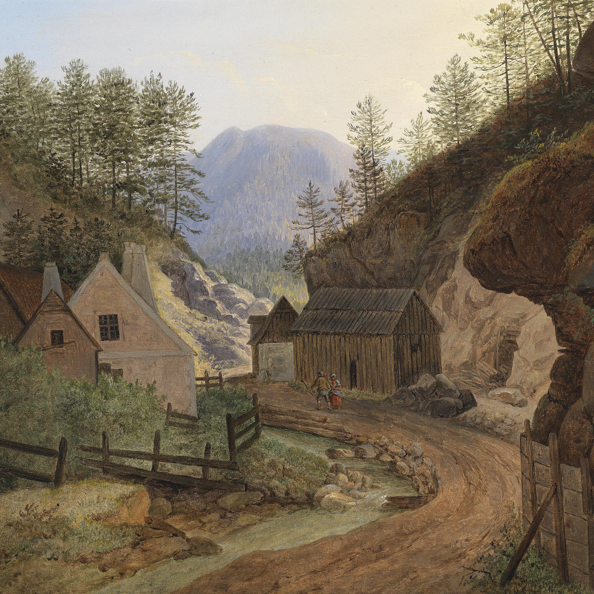 Landscape Oil Painting - Mountain Valley Village & Cottages, Path, Peak
