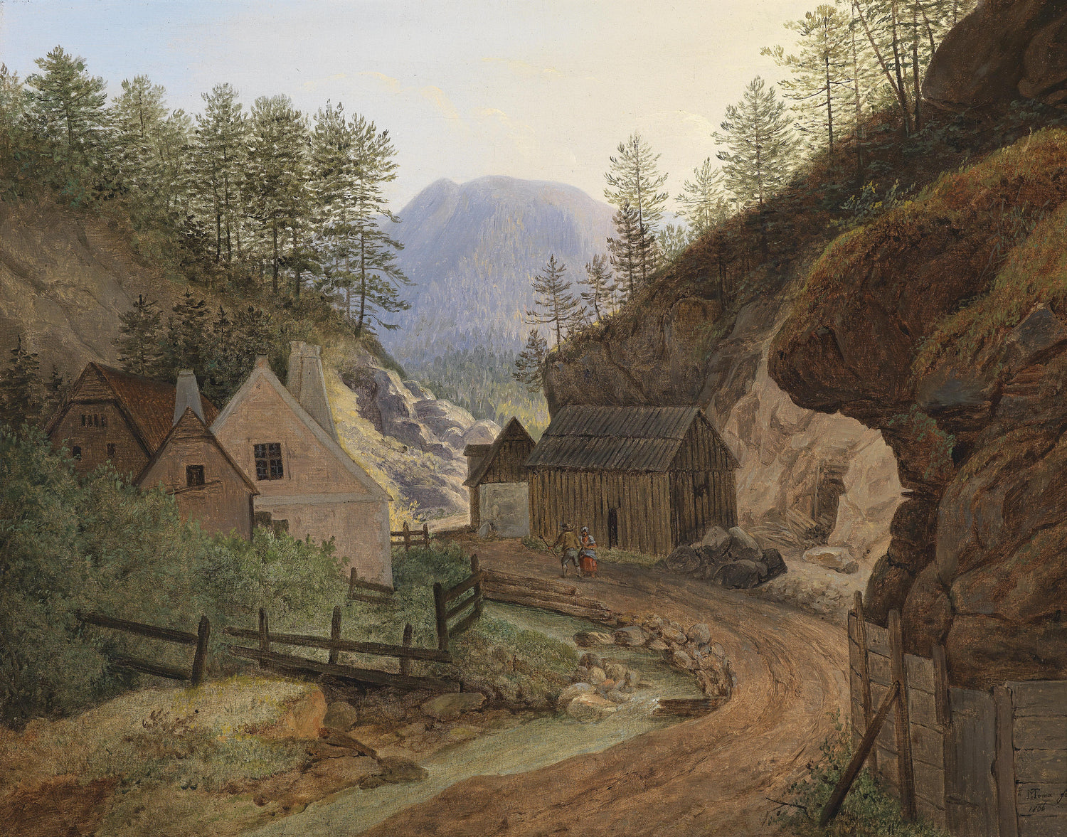 Landscape Oil Painting - Mountain Valley Village & Cottages, Path, Peak