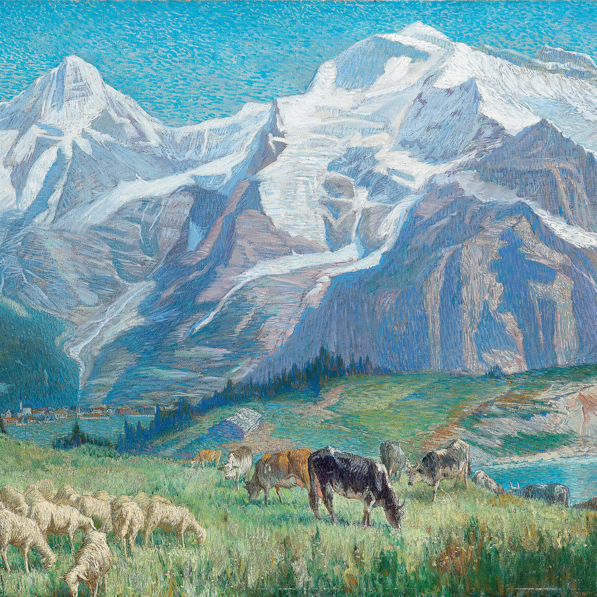 Landscape Oil Painting - Impressionist Snow-Capped Mountain, Shepherd