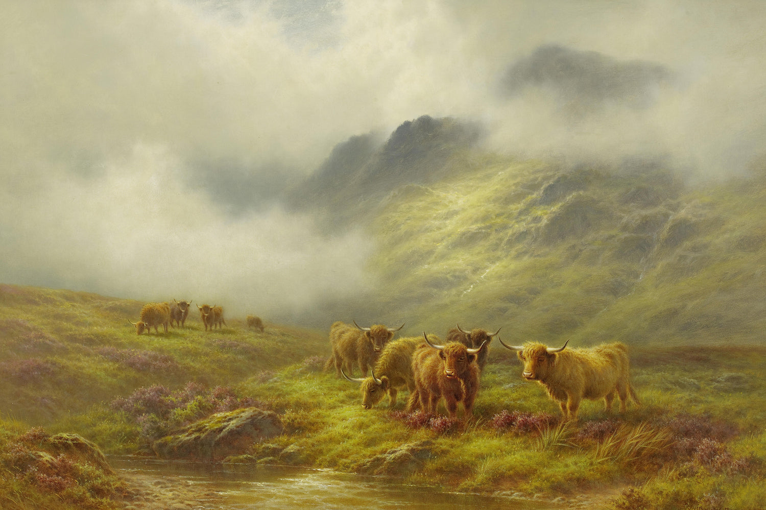 Highland Cattle in Misty Hills | Hand-Painted Landscape Oil Painting