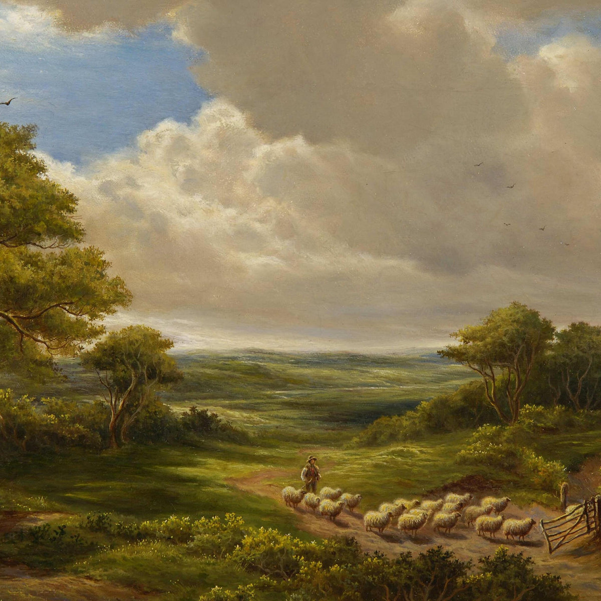 Shepherd and Sheep in Open Fields | Hand-Painted Landscape Oil Painting