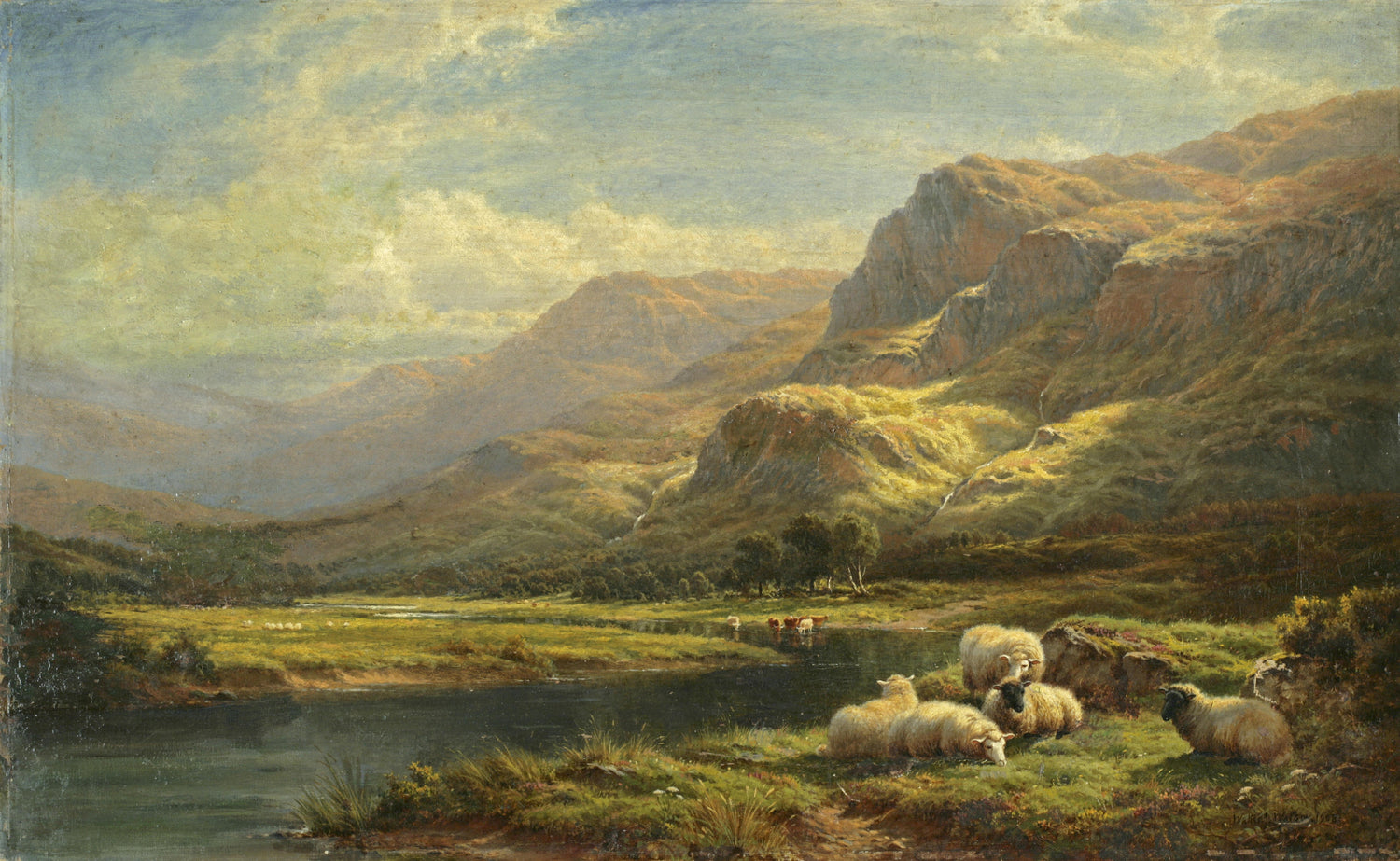 Sheep by a Mountain Lake | Hand-Painted Pastoral Landscape Oil Painting