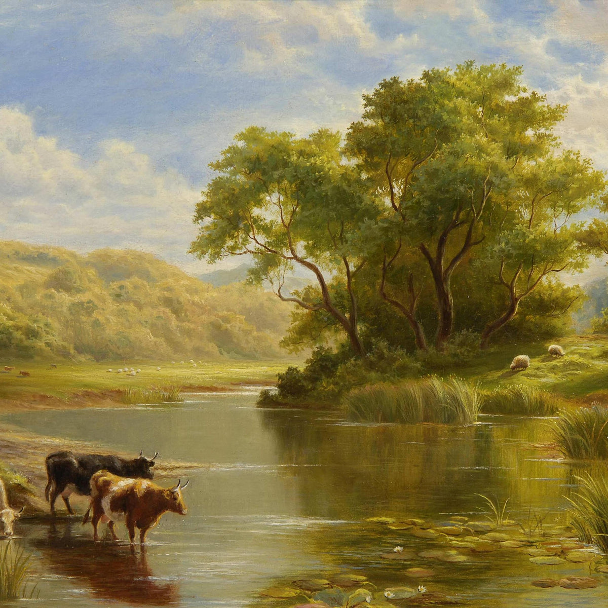Cattle by Quiet River | Hand-Painted Pastoral Landscape Oil Painting