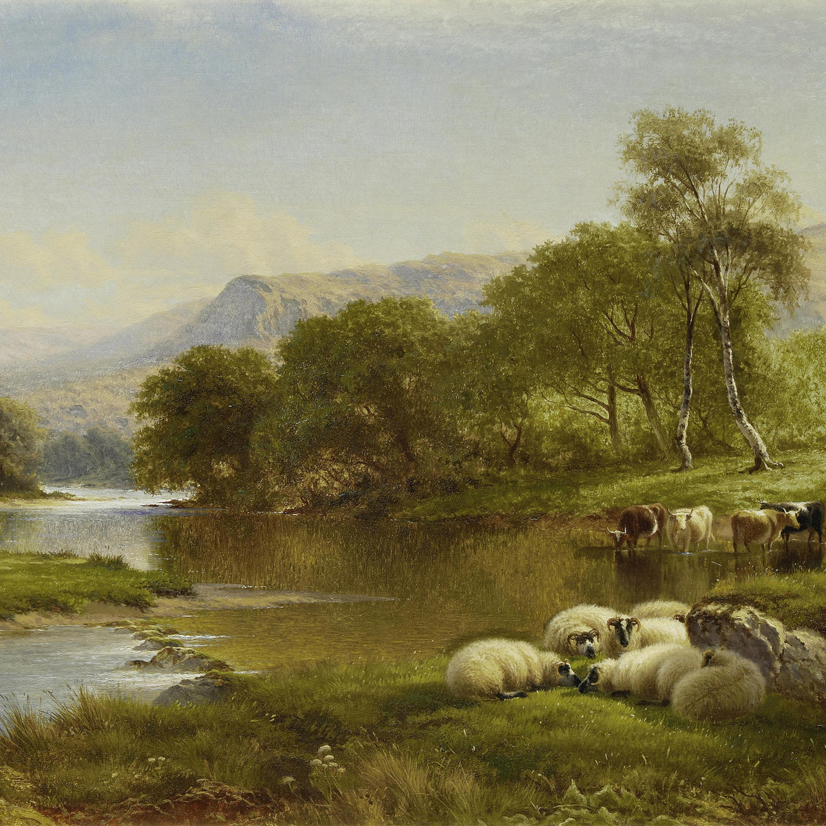 Sheep by the Riverbank | Hand-Painted Pastoral Landscape Oil Painting