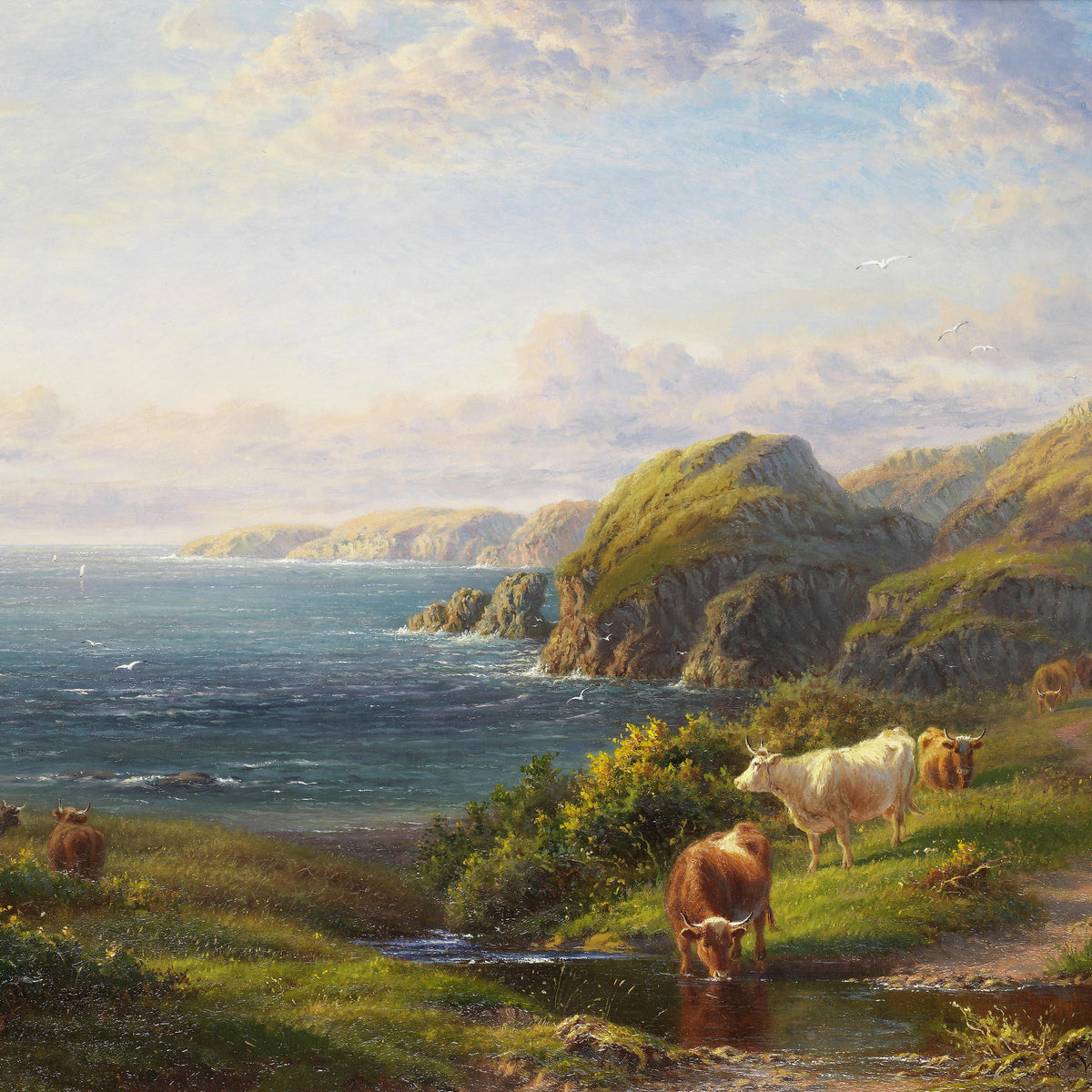 Coastal Hills with Cattle | Hand-Painted Seascape Oil Painting