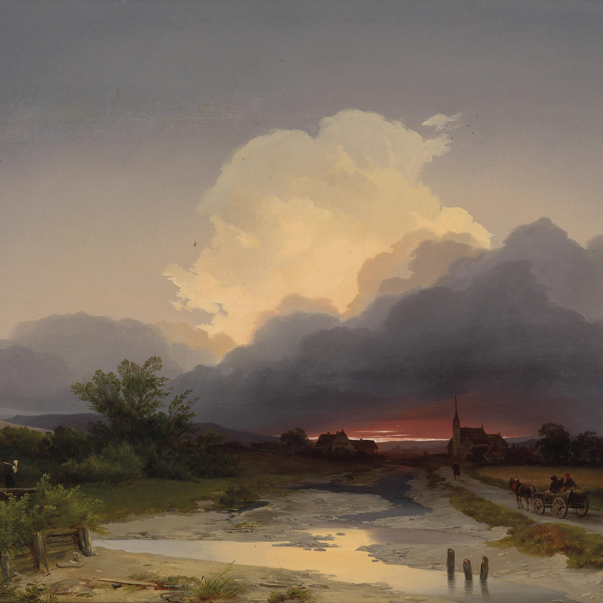 Landscape Oil Painting - Sunset Country & Horse Cart, Village Church