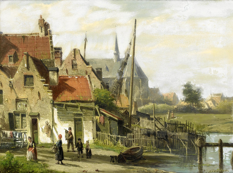 Old Riverside Village Scene | Hand-Painted European Oil Painting
