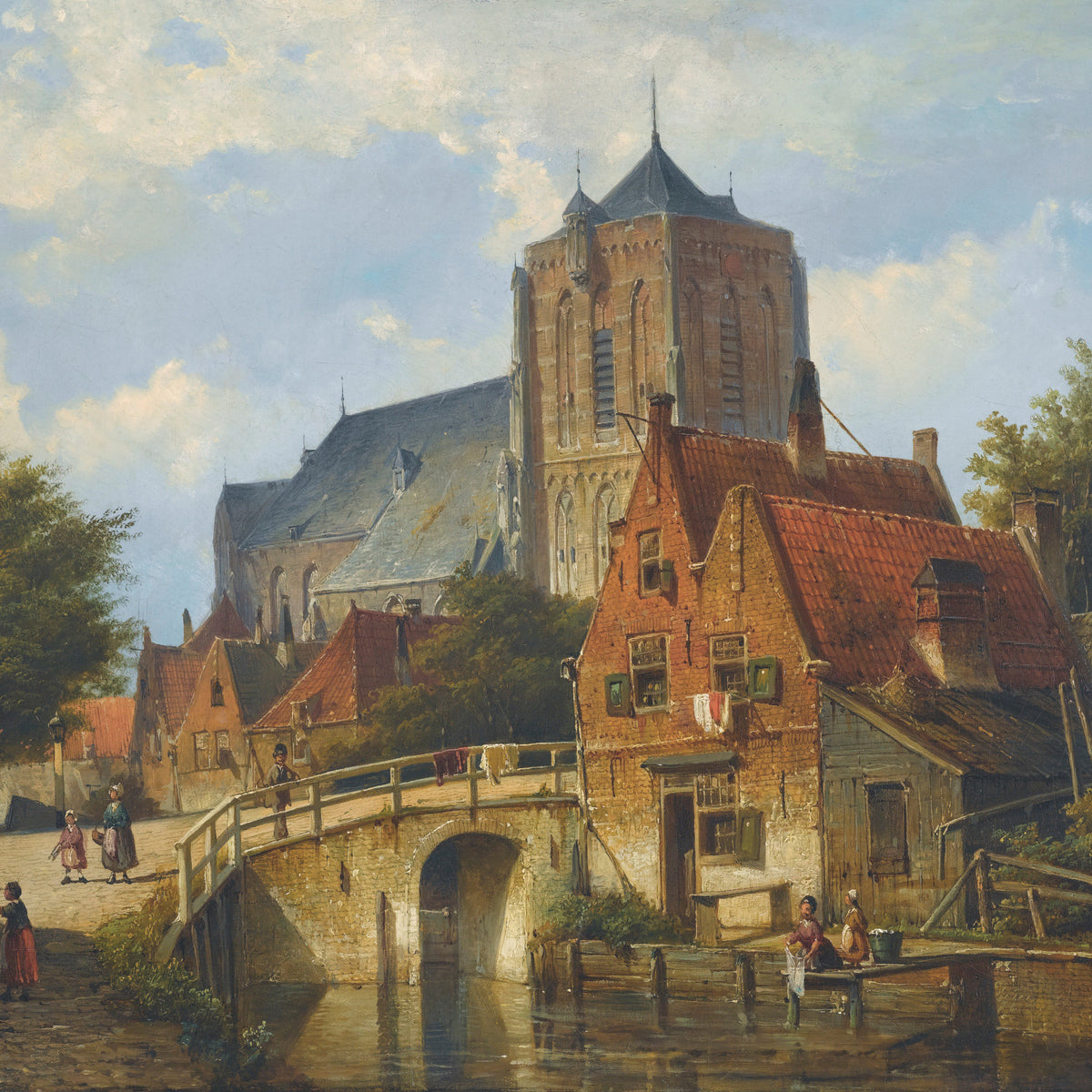 European Canal Town with Church | Hand-Painted Oil Painting