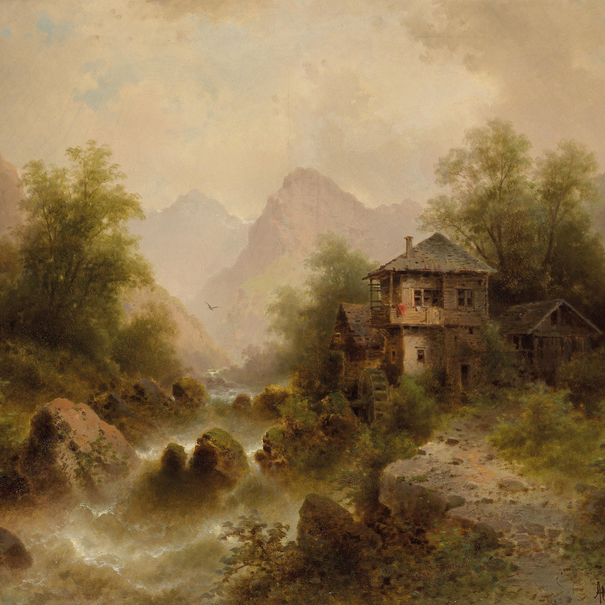 Landscape Oil Painting - Valley Watermill, Cottage & Mountain Peaks
