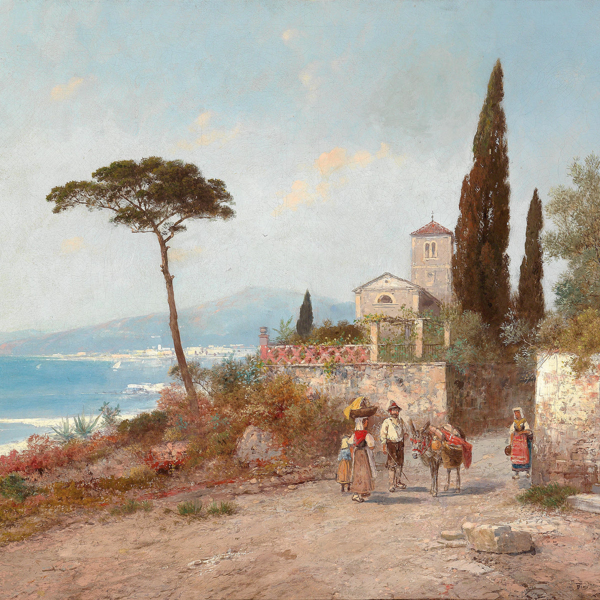 Landscape Oil Painting - Mediterranean Coastal Village, Cypresses