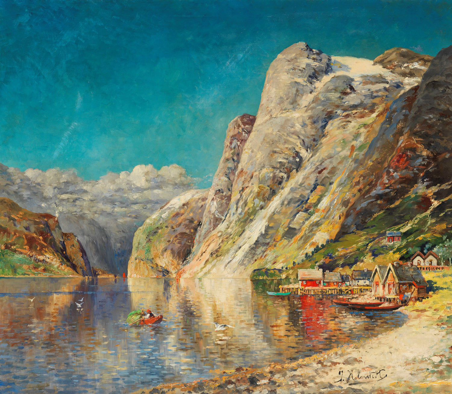 Landscape Oil Painting - Norwegian Fjord, Steep Peaks & Colorful Cottages