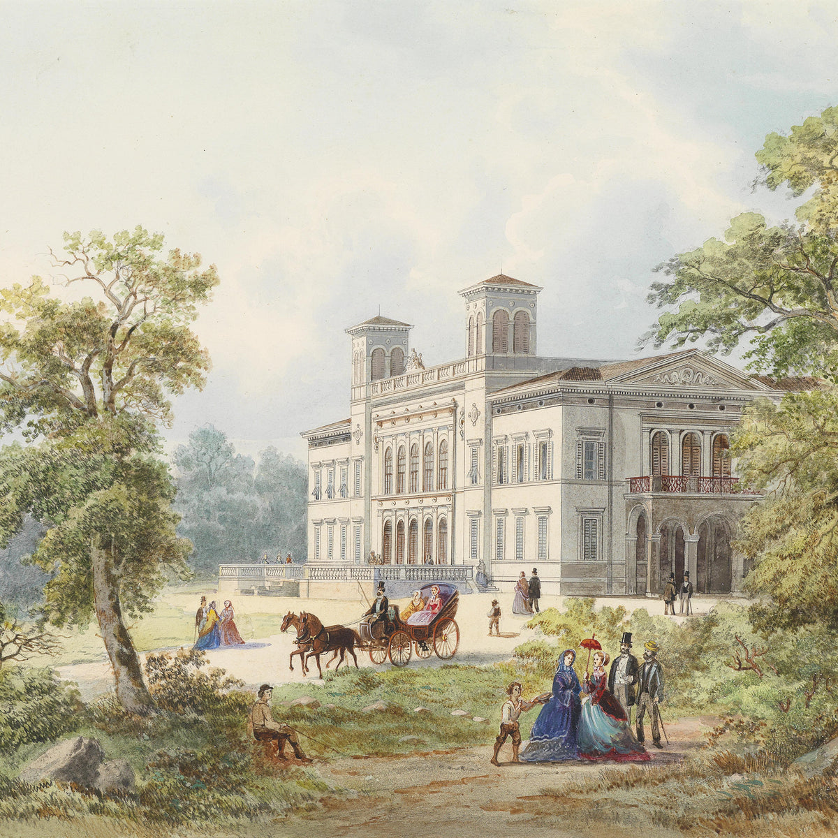 Landscape Oil Painting - Neoclassical Mansion, Horse-Drawn Carriage