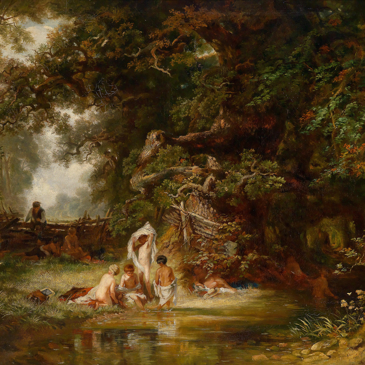 Landscape Oil Painting - Woodland Stream with Children, Ancient Tree