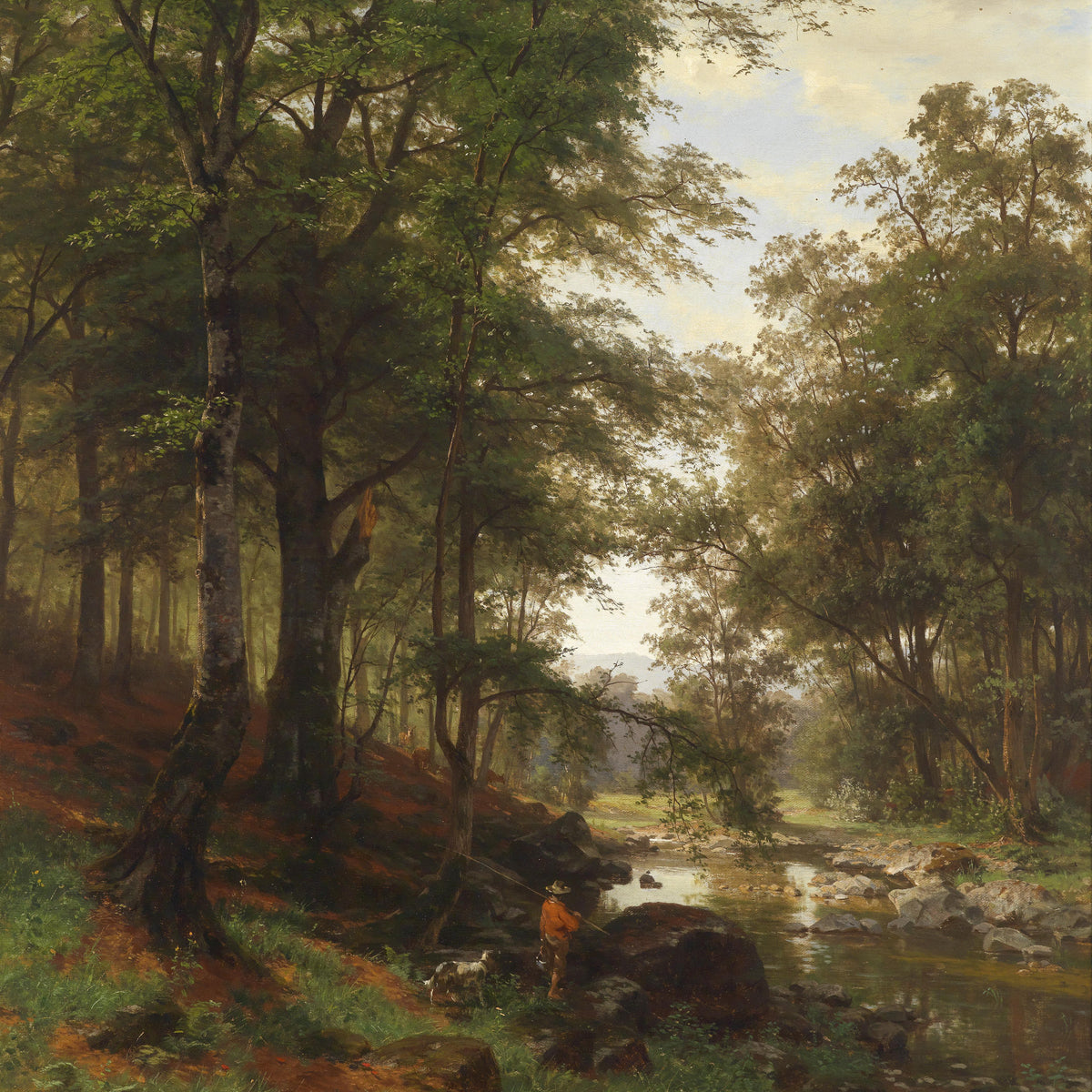 Landscape Oil Painting - Lush Sunlit Forest River & Fisherman, Woodland