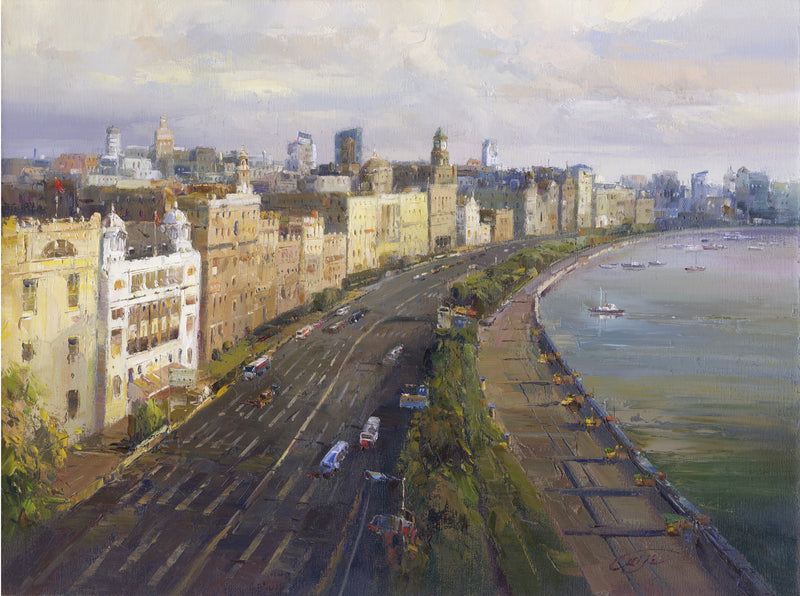 Landscape Oil Painting - Waterfront Cityscape: Historic Buildings, Road