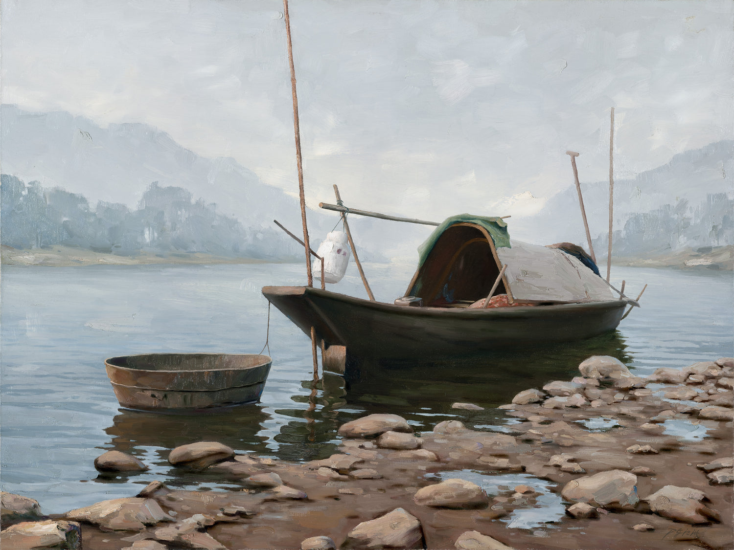 Landscape Oil Painting - Riverbank Fishing Boat, Stones & Misty Hills