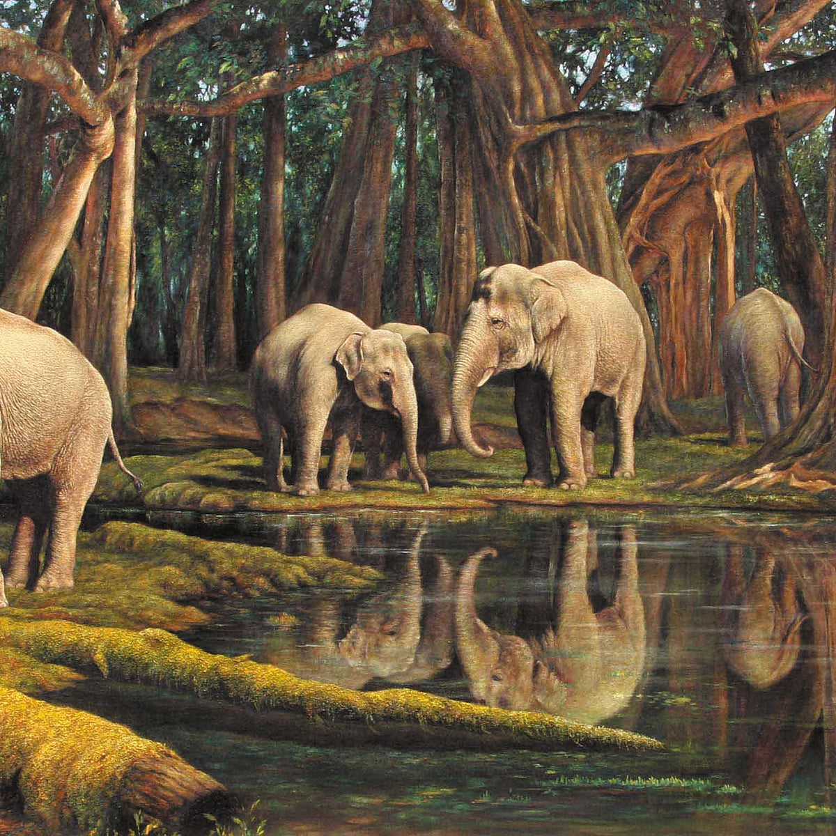 Animals Oil Painting - Hand-Painted Elephants in Forest