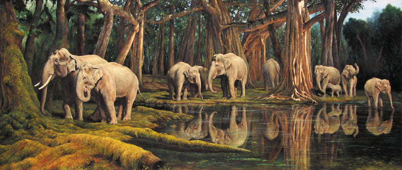 Animals Oil Painting - Hand-Painted Elephants in Forest