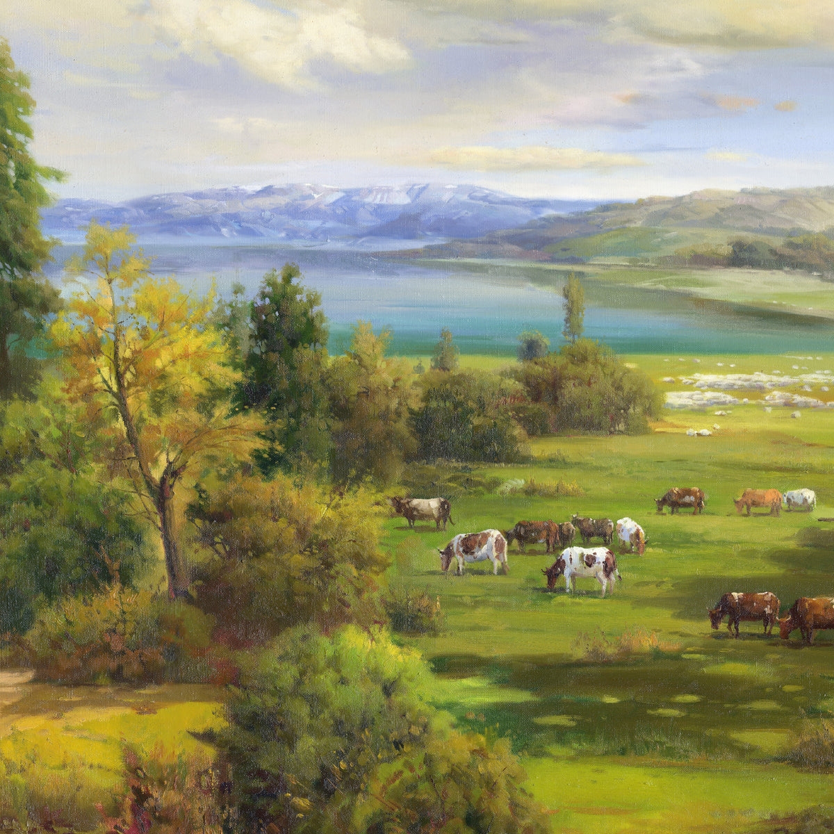 Landscape Oil Painting - Pastoral Lake Scene: Cows, Sheep & Snow Peaks