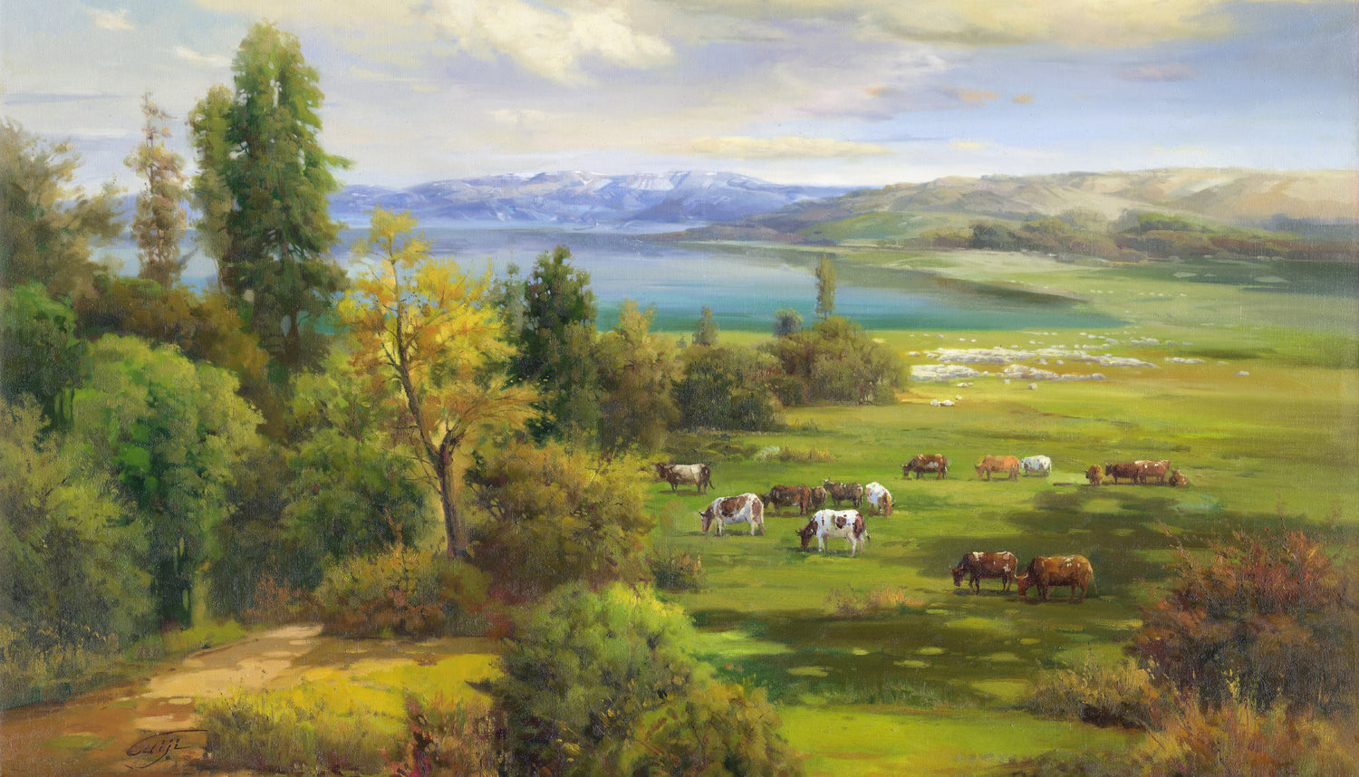 Landscape Oil Painting - Pastoral Lake Scene: Cows, Sheep & Snow Peaks