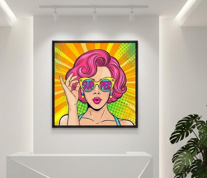 Peinture à l’huile – Femme pop art aux cheveux roses et lunettes de soleil