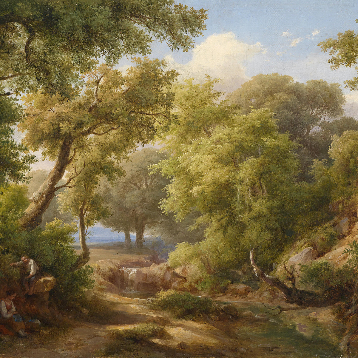 Landscape Oil Painting - Lush Forest Stream, Figures & Small Waterfall