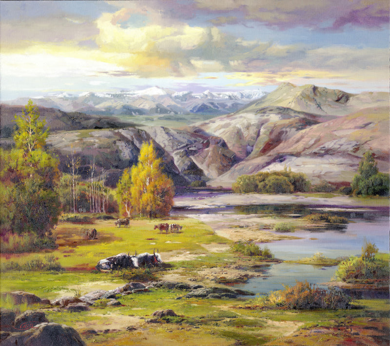 Landscape Oil Painting - Mountain Valley, Yaks, River & Snow Peaks