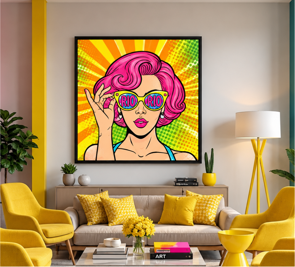 Peinture à l’huile – Femme pop art aux cheveux roses et lunettes de soleil