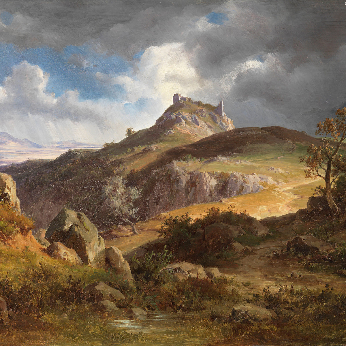 Landscape Oil Painting - Hilltop Castle Ruin & Sky, Rocky Terrain