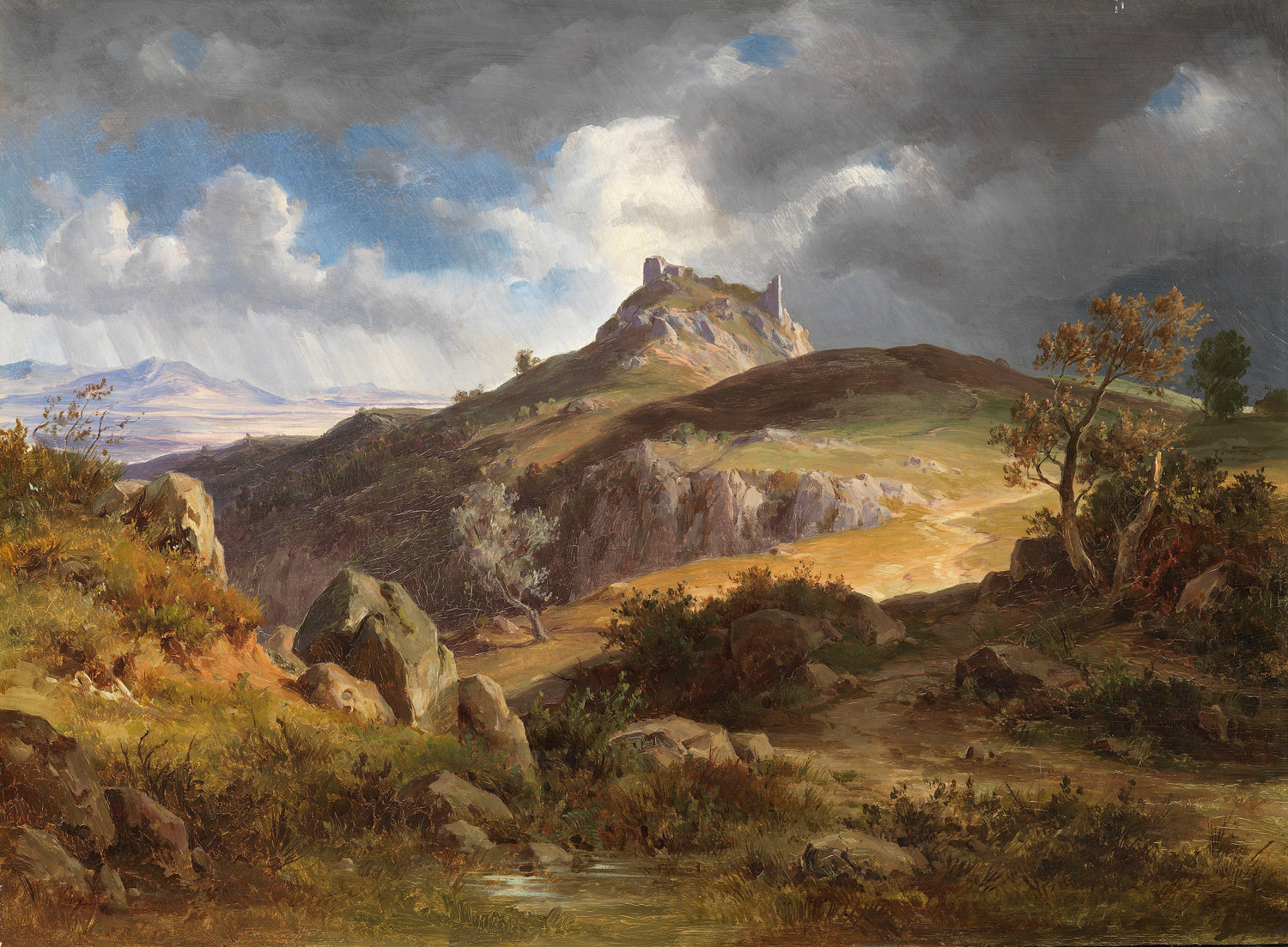 Landscape Oil Painting - Hilltop Castle Ruin & Sky, Rocky Terrain