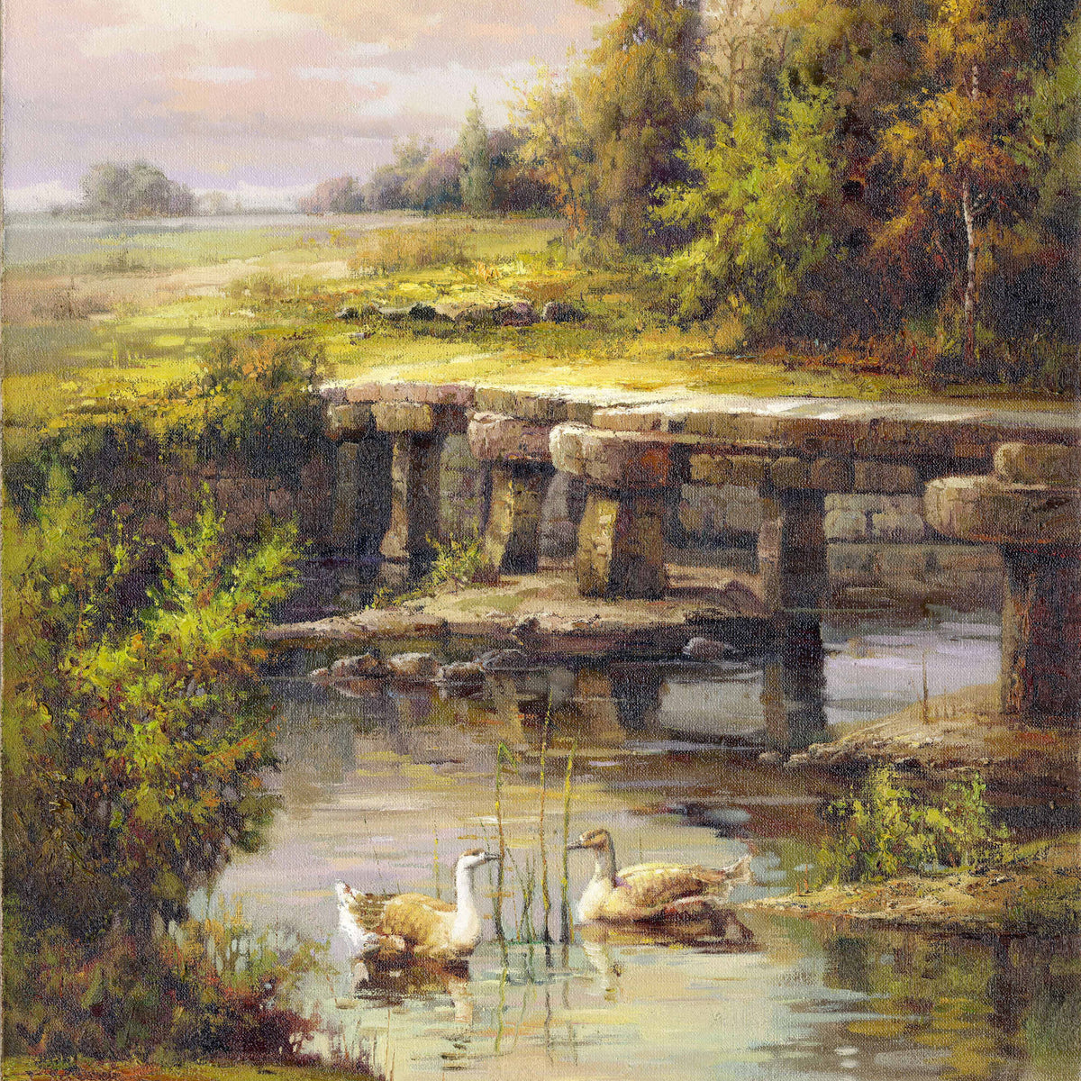 Landscape Oil Painting - Stream & Stone Bridge, Ducks, Grassy Fields