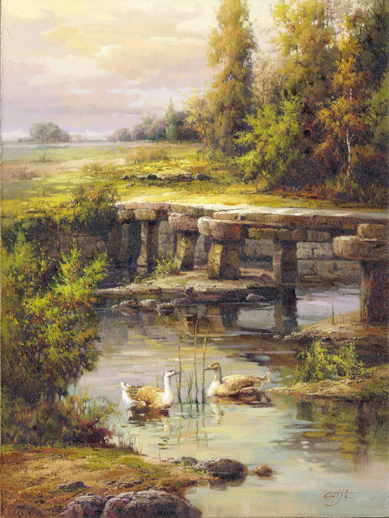 Landscape Oil Painting - Stream & Stone Bridge, Ducks, Grassy Fields