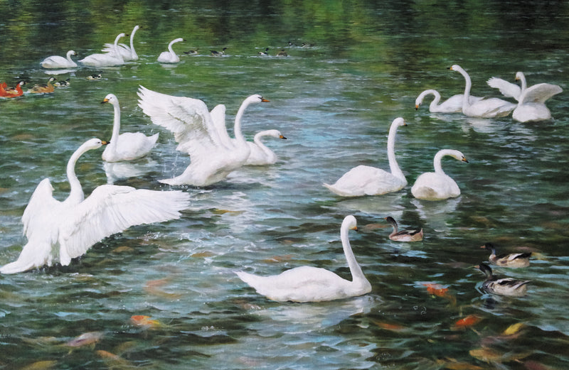 Animals Oil Painting - Hand-Painted Swans on Lake Scene