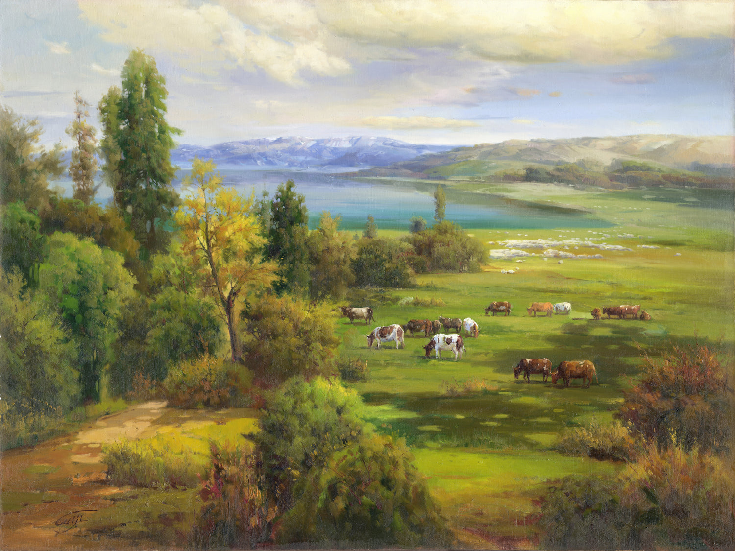 Landscape Oil Painting - Pasture with Cattle & Snow-Capped Mountains