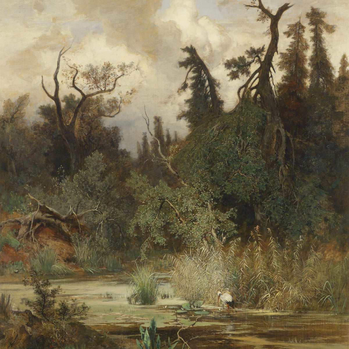 Landscape Oil Painting - Wetland Pond & Stork Forest, Overgrown