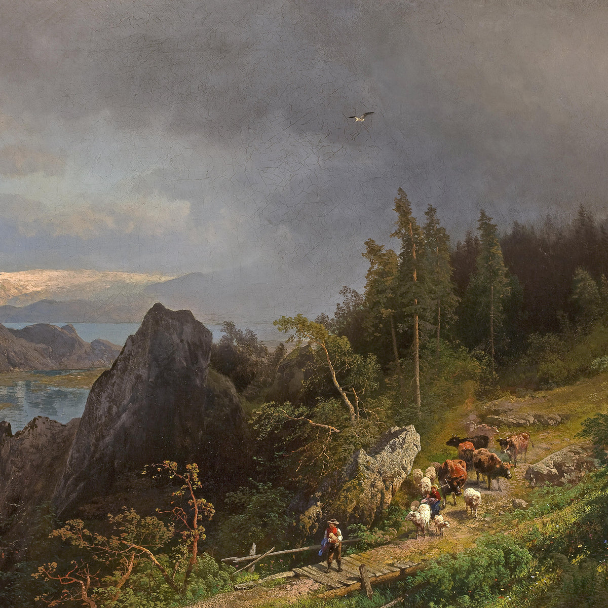 Landschaftsgemälde in Öl – Küstendorf mit Leuchtturm und Sonnenuntergang