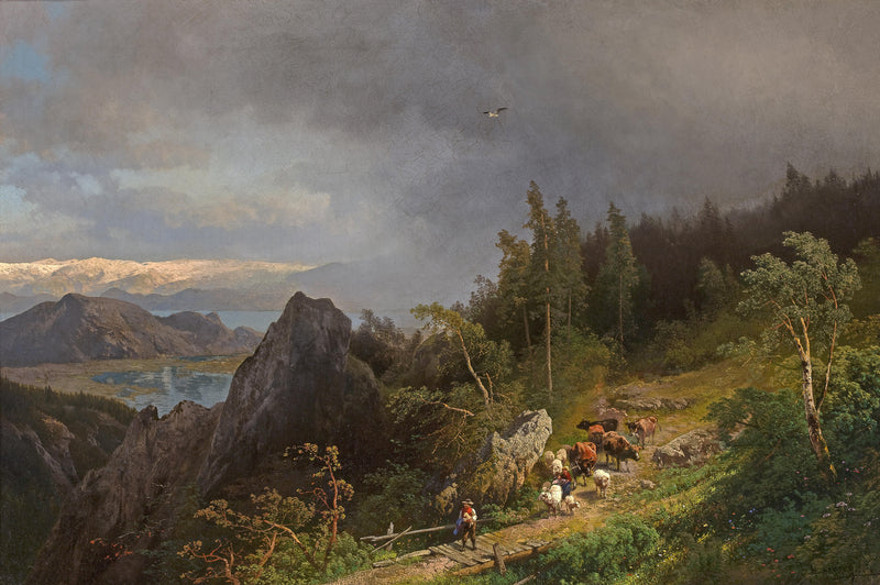 Landschaftsgemälde in Öl – Küstendorf mit Leuchtturm und Sonnenuntergang