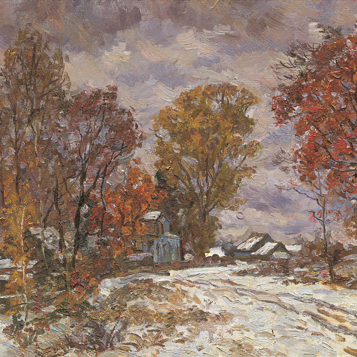 Landscape Oil Painting - Autumn-Winter Village: Colorful Trees, Thin Snow