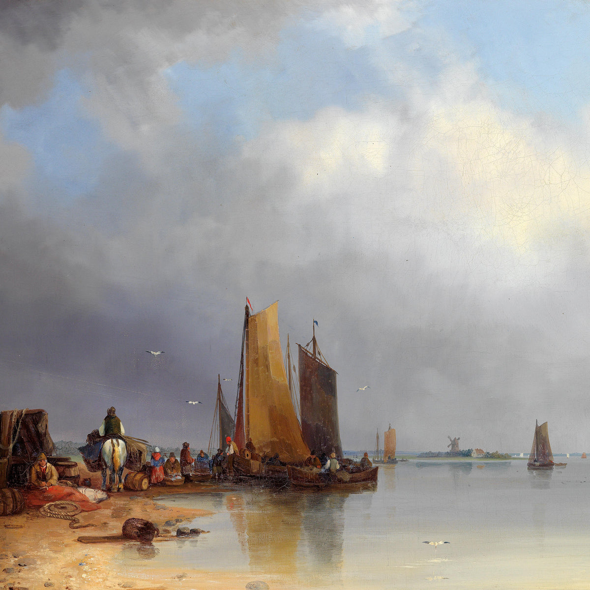 Hand-painted coastal fishing boats at calm shore nautical oil painting on canvas