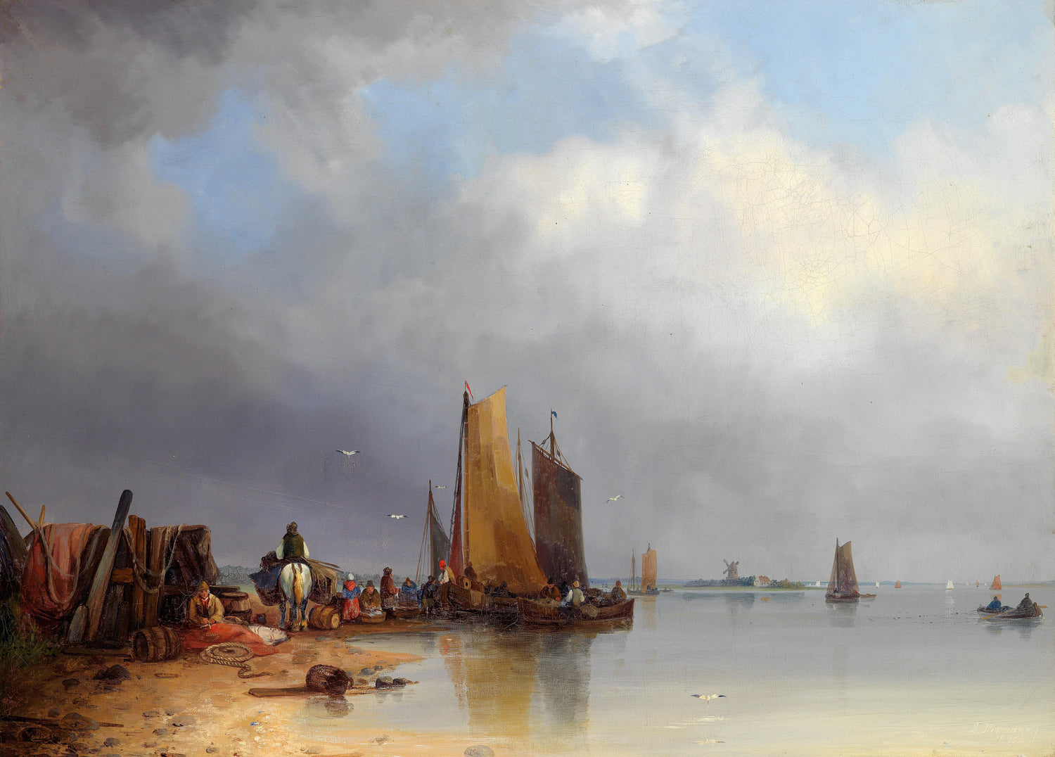 Hand-painted coastal fishing boats at calm shore nautical oil painting on canvas
