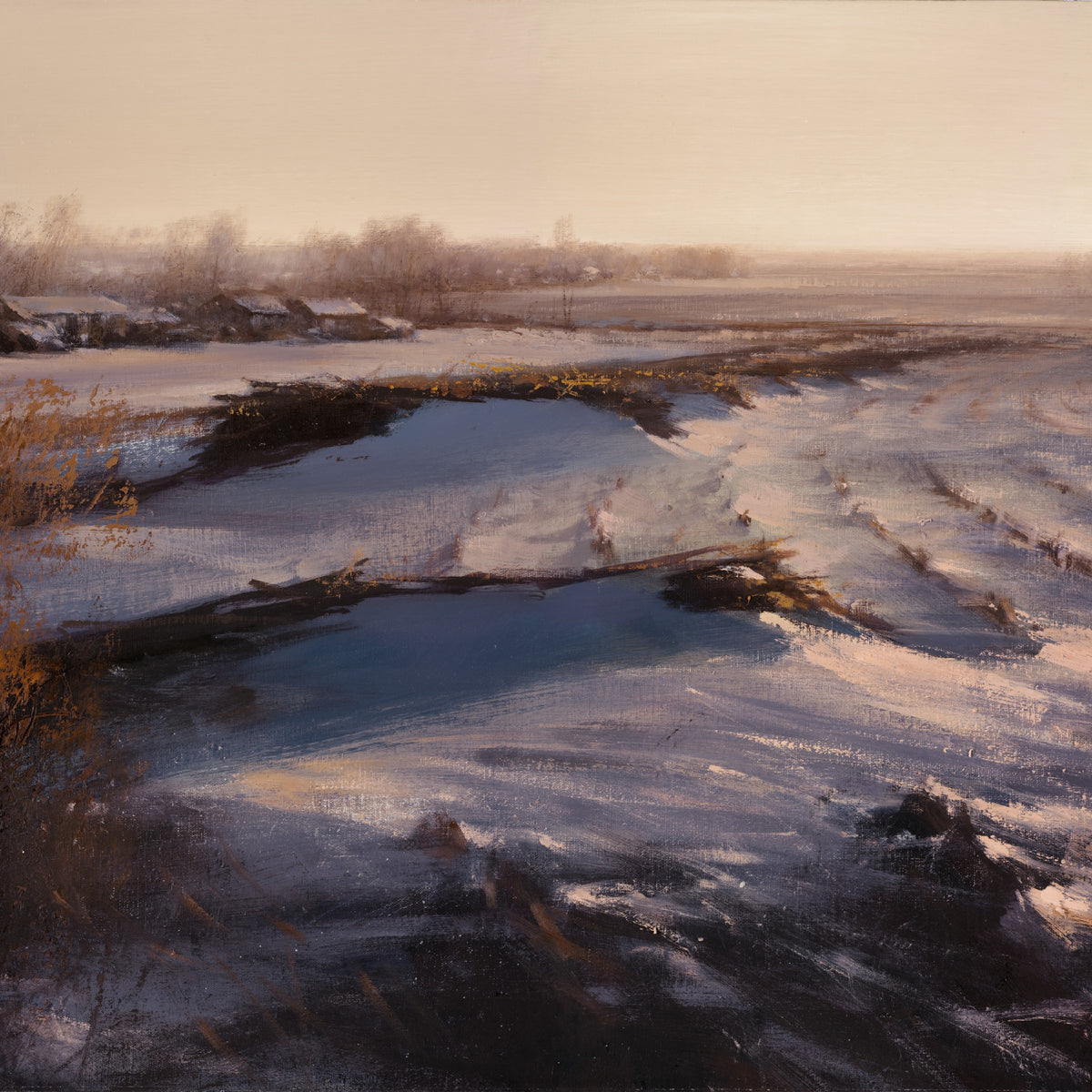Landscape Oil Painting -Winter Frosty Landscape: Thin Snow & Soft Light
