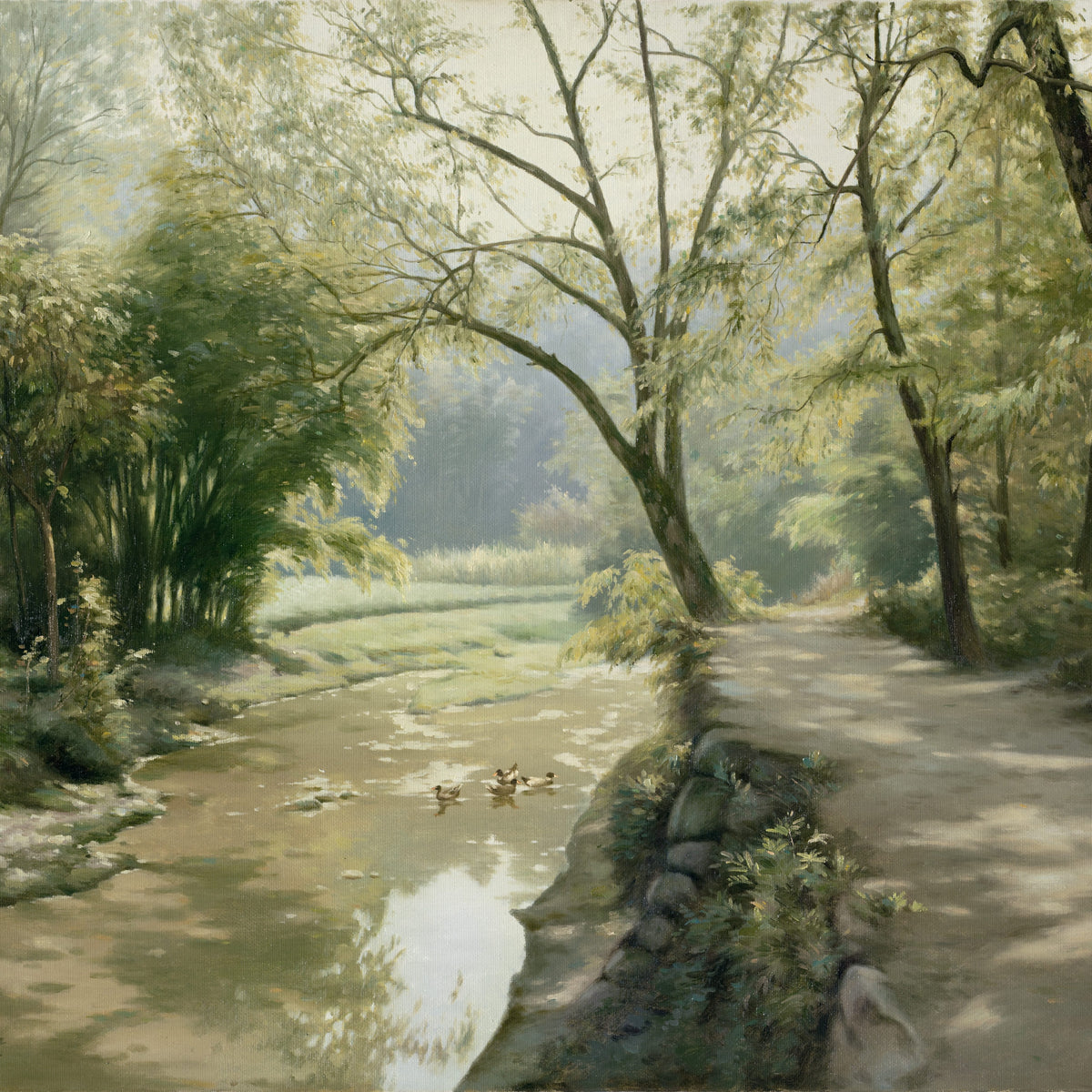 Landscape Oil Painting -Stream & Woodland Path: Ducks, Trees & Soft Light